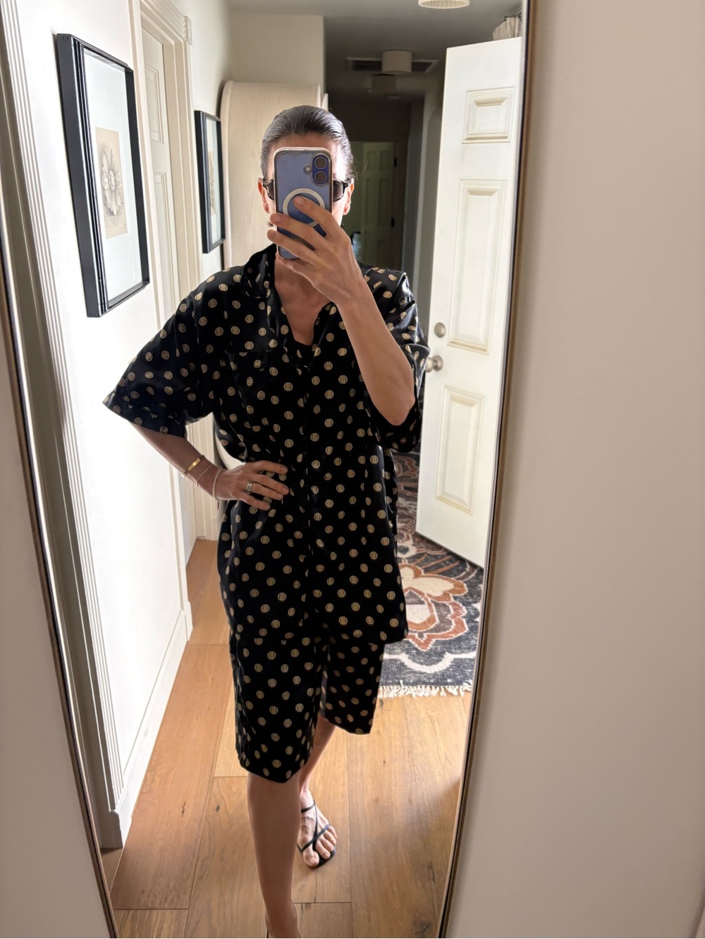 Robert Louis VTG Loungewear Silk Blend Pajama Set Shirt + Shorts Black Size L